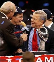 Patriots owner Robert Kraft and Head Coach Bill Belichick celebrating winning Superbowl XXXVI.