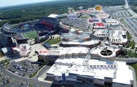 Aerial view of Patriot Place and nearby Gillette Stadium.