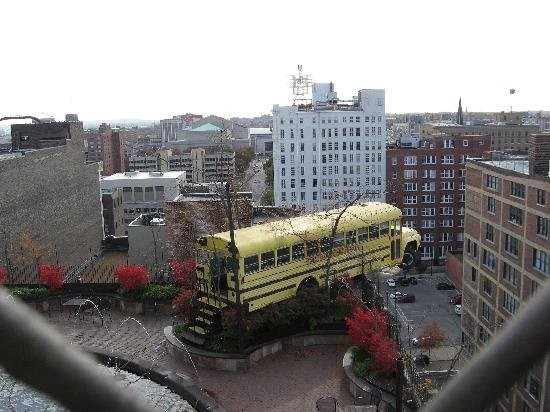 The school bus on top of the roof