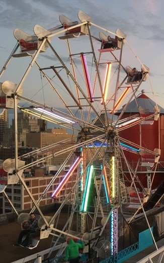 The fully functioning ferris wheel on the roof offers a grand view of the city.