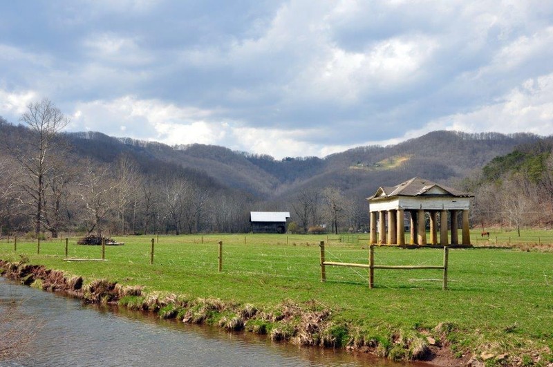 The pavilion remains standing in a beautiful rural landscape right outside Alderson, WV
