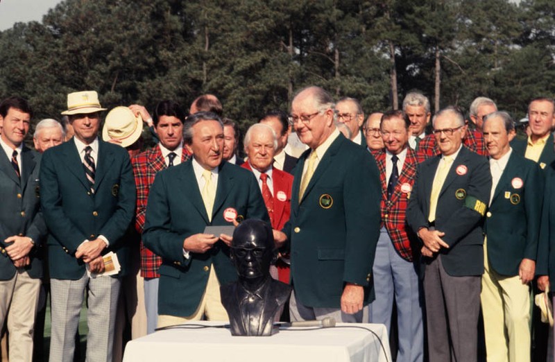 "William H. Lane (front left) and Byron Nelson honor Clifford Roberts with a bronze bust." (1976) Photo courtesy of http://www.masters.com/en_US/discover/timeline.html. 
