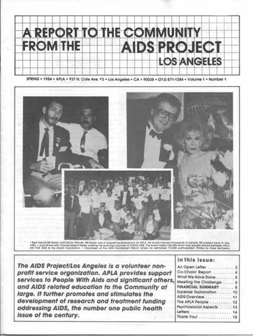 AIDS Project Community Report bulletin featuring photos of Joan Rivers at a fundraising event for AIDS relief at Studio One in March 1984 