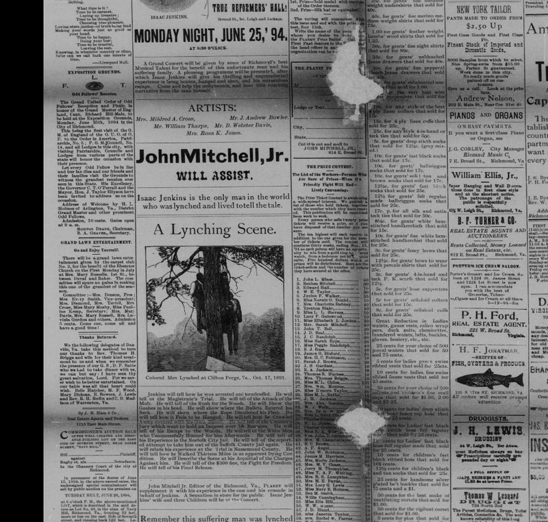 The full page of the above image from the Richmond Planet includes the story of Isaac Jenkins "The only man in the world who was lynched and lived to tell the tale."