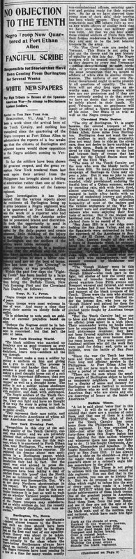 New York Age article dated August 5, 1909 refuting accusations made by an dishonest reporter against the citizens of Burlington, Vt regarding their treatment of the Buffalo Soldiers stationed at Fort Ethan Allen. The New York Age was the...
