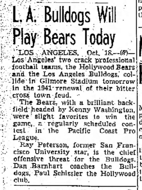 1941 Fresno Bee article announcing a Los Angeles Bulldogs vs Hollywood Bears game.