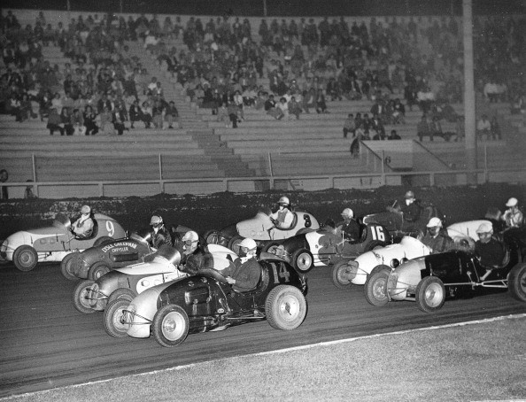 Midget cars racing at Gilmore Stadium in the 1940s