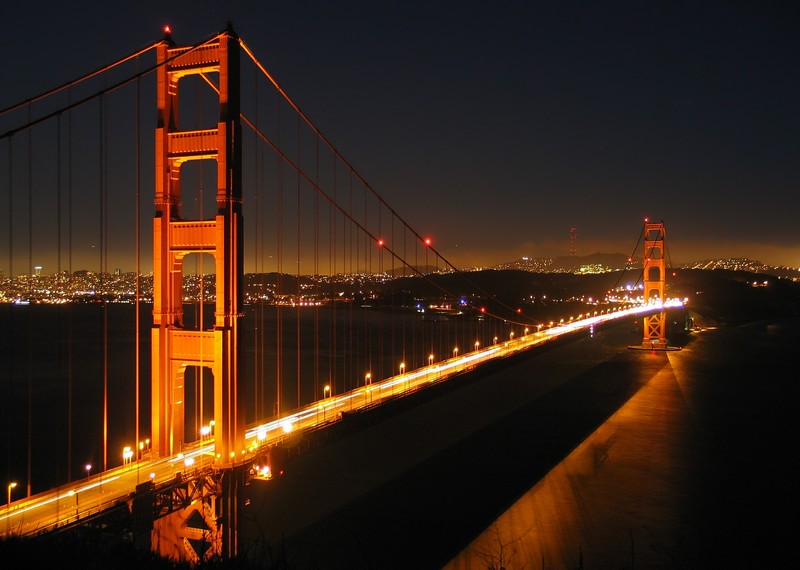 The Golden Gate Bridge by night, with part of downtown San Francisco. 

"Ggb by night" by Daniel Schwen. Licensed under CC BY-SA 3.0 via Wikimedia Commons. 