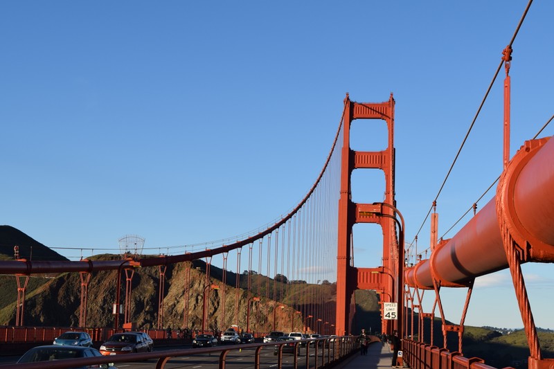 View of the northern tower of the bridge. 
"Golden Gate Bridge, Looking North" by Weegee010. Licensed under CC BY-SA 4.0 via Wikimedia Commons. 