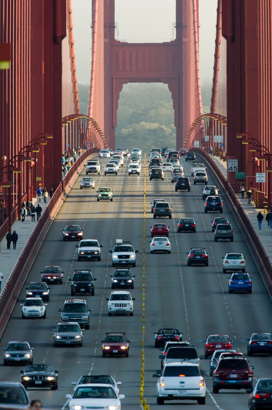 Golden Gate Bridge traffic. 
"Golden Gate Bridge SF CA North View" by Bill Ebbesen. Licensed under CC BY 2.5 via Wikimedia Commons. 