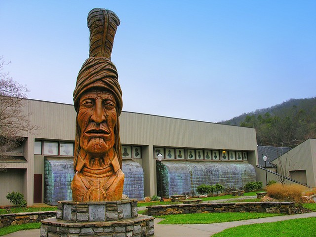 A twenty-foot, hand-carved statue of Sequoyah, the inventor of the Cherokee alphabet is at the Museum’s entrance