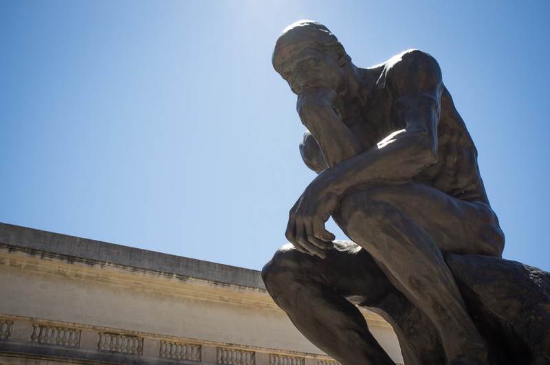 Statue of The Thinker by Auguste Rodin in the front of the museum. The Thinker is perhaps his best known monumental work, first conceived circa 1880–1881 as a depiction of poet Dante. The image evolved and today represents all poets and creators.