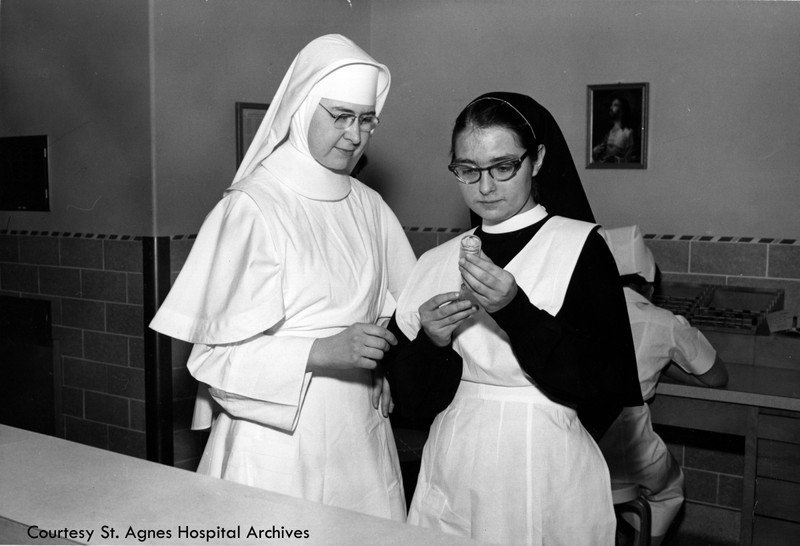 Sister Anne Jude Van Lanen with candidate and nursing student Mary Jean Mand, c. 1961.