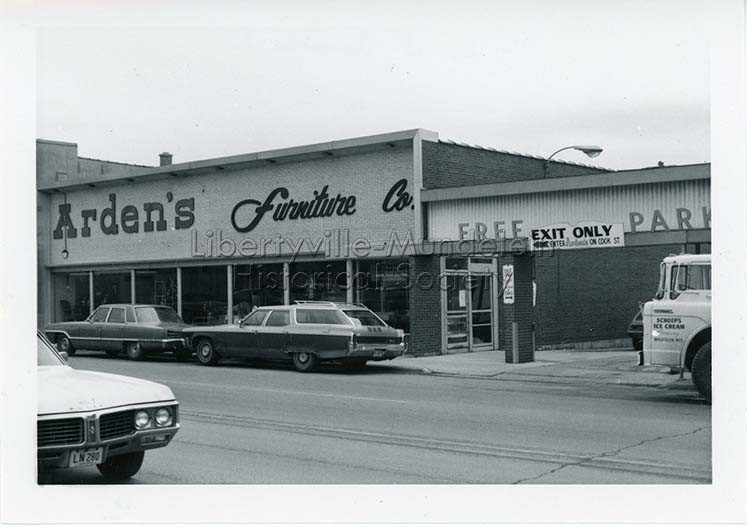 Arden's Furniture was almost an icon in downtown Libertyville occupying the same storefront for thirty-seven years. This view shows the entrance for parking to the right--now closed off by an addition to the next door building.