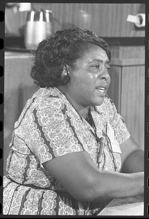 A half-length portrait of Hamer seated at a table, testifying before the Democratic National Committee.