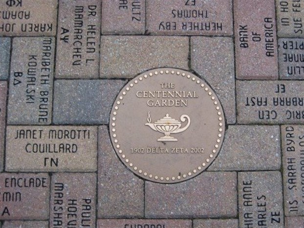 This is a closeup of the path in the garden. It has donor names and their affiliated chapters on the bricks that make it. With each donation that they get, they just add more names to the walkway. 