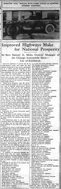 An article from The Inter Ocean (a Chicago, IL newspaper, dated December 28 1913) displaying the list of exhibitors for the 1913 Chicago Auto Show. Exhibitors include the Norwalk Motor Car Company.