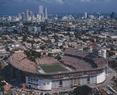 A downtown view of the Miami Orange Bowl on a college football Saturday.