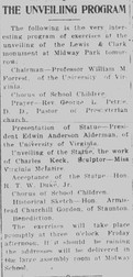 November 20, 1919 Daily Progress article on the Unveiling Program. Courtesy of the Virginia Center for Digital History at the University of Virginian.