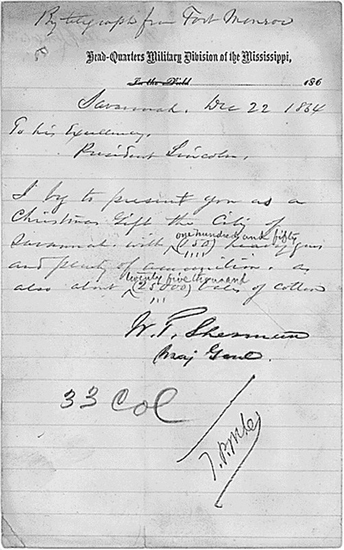 This is a photo from Lakeside Press that shows General Sherman’s letter to Lincoln once they had stopped Savannah from partaking in slavery. 