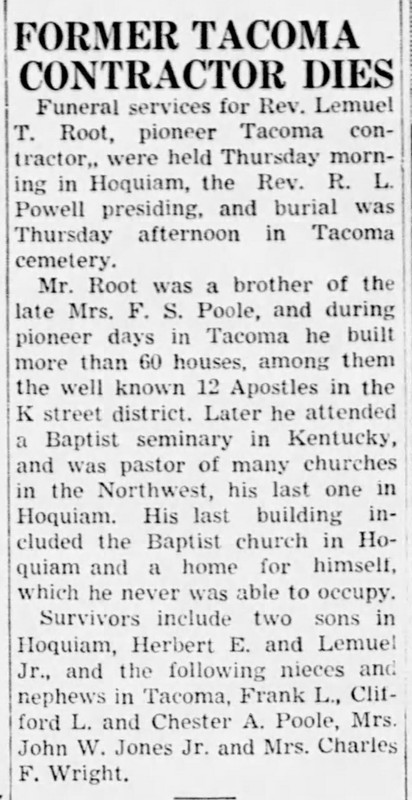 Obituary for builder Lemuel Root (1864-1942)