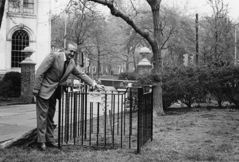 The first Moon Tree, planted in 1975 by George Vitas of the US Forest Service in Washington Square Park, Philadelphia (via Forest History Society). 