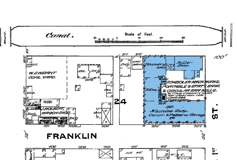 1884 map showing the original footprint of the Scheidler Machine Works. Several original buildings existed and the addition, which currently houses our glass studio, hadn't yet been built.