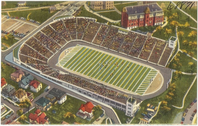 An early "aerial" view of the original Mountaineer Field from the 1930s or 1940s in one of the ubiquitous Tichnor Brothers postcards of the era. Fans without tickets often watched games from nearby downtown rooftops.