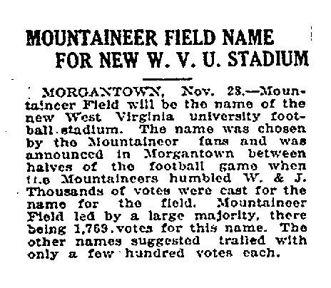 A clipping from the Charleston Daily Mail of November 28, 1924 proclaims the official title of WVU's new stadium, decided by popular vote that autumn.