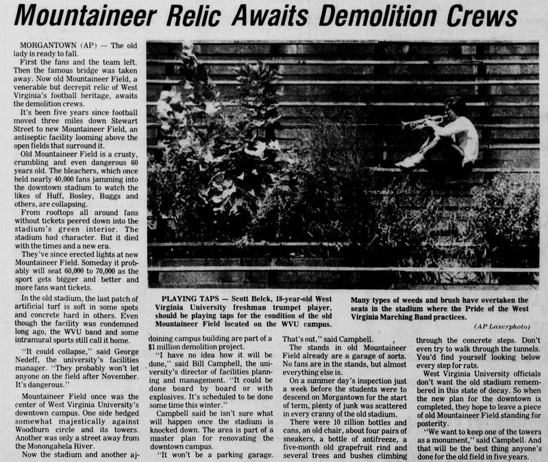 A clipping from the Bluefield Daily Telegraph of August 22, 1984 bemoans the state of the original Mountaineer Field as it awaits demolition. 