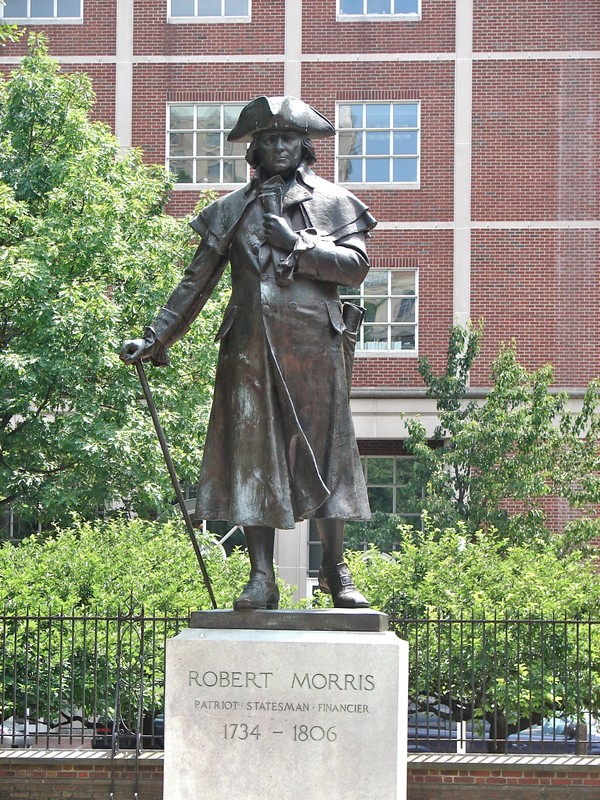 Statue of Robert Morris in the Independence National Historical Park, Philadelphia. Inscription reads "Patriot - Statesman - Financier 1734-1806".