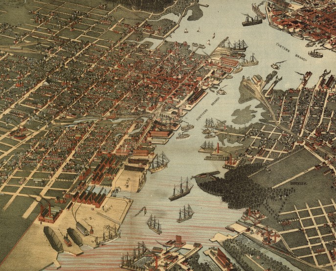 Artist's rendition of an aerial view of Portsmouth and Norfolk, 1891. Library of Congress.