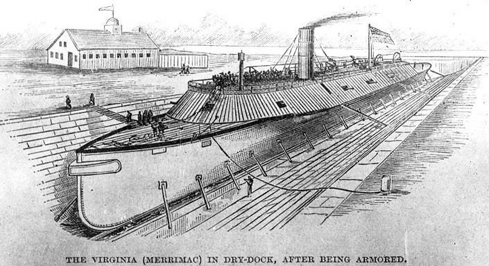 The CSS Virginia, formerly the USS Merrimack, undergoing modification in the drydock during the Civil War. US Navy National History & Heritage Command.