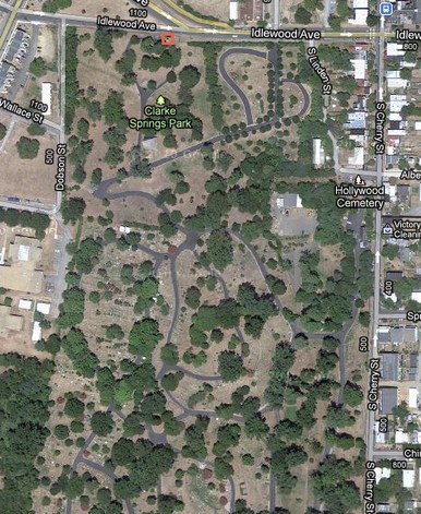 Birdseye view of cemetery. Red square toward the top-center of picture indicates locations of George Picket's gravesite