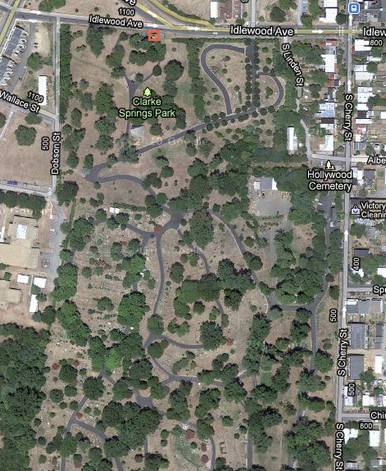 Birdseye view of cemetery. Red square toward the top-center of picture indicates locations of George Picket's gravesite 