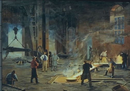 An artist's depiction of the casting of cannon at Tredegar during the Civil War. 