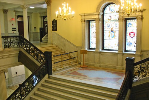 Palladian window and grand staircase in Massachusetts State House. 