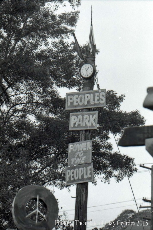 Makeshift sign announcing the new "People's Park" on Telegraph Avenue in Berkeley, April 1969 