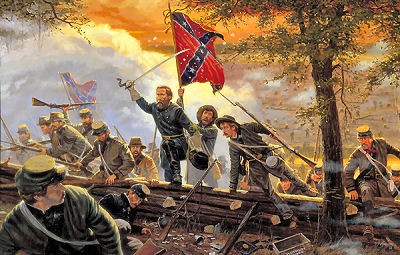 "Desperate Valor," by Dale Gallon. Shows John Bell Hood leading his Texans against Federal Lines during Seven Day's Battle. 