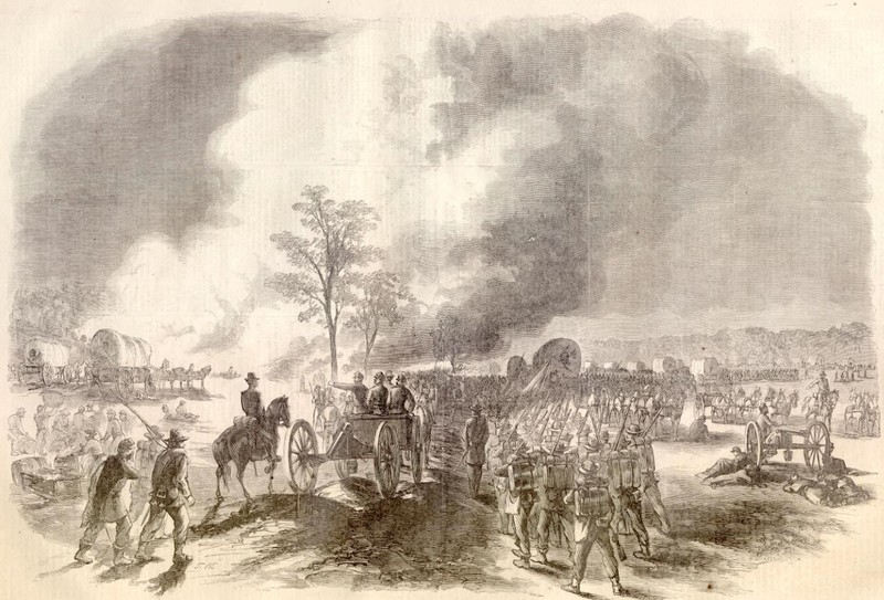 This sketch, done during the battle, depicts General Franklin of the Union army and his VI (6th) Corps retreating in the face of massive assaults.