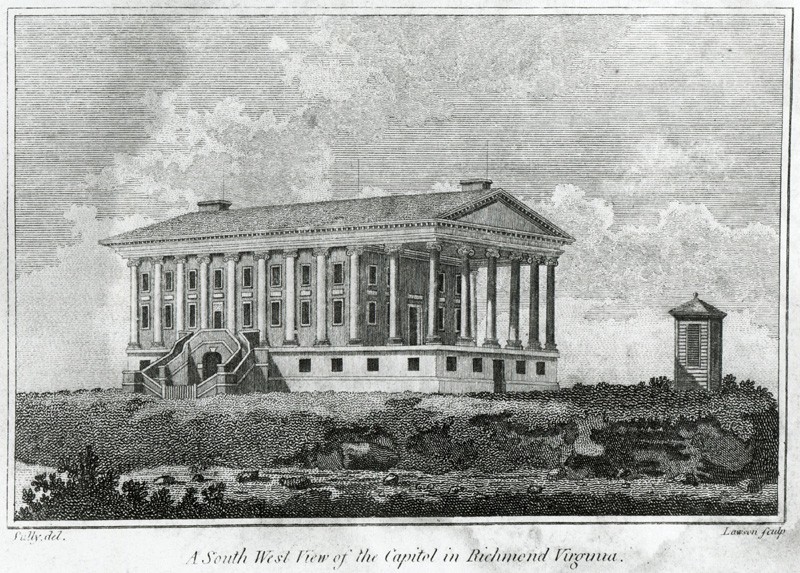 Drawing of the capitol as it looked in 1802. Courtesy of Lawrence Sully. Digital reproduction of wood engraving. Published in Virginia & North Carolina Almanack 1802.