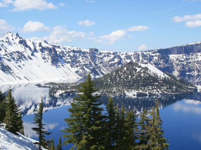 Crater Lake with snowfall