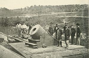 The "Dictator" siege mortar at Petersburg. In the foreground, the figure on the right is Brig. Gen. Henry J. Hunt, chief of artillery of the Army of the Potomac.