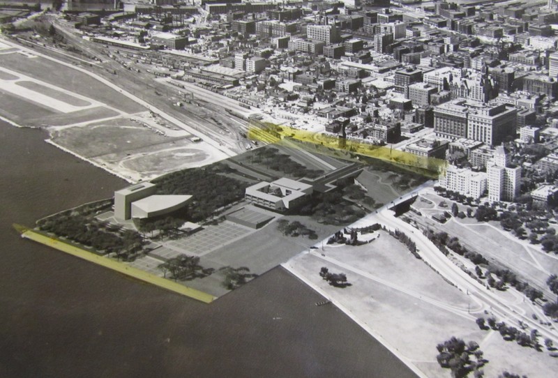 Aerial view of the lakefront with a taped picture of Eero Saarinen's model of the War Memorial Center and a concert hall which was never built.