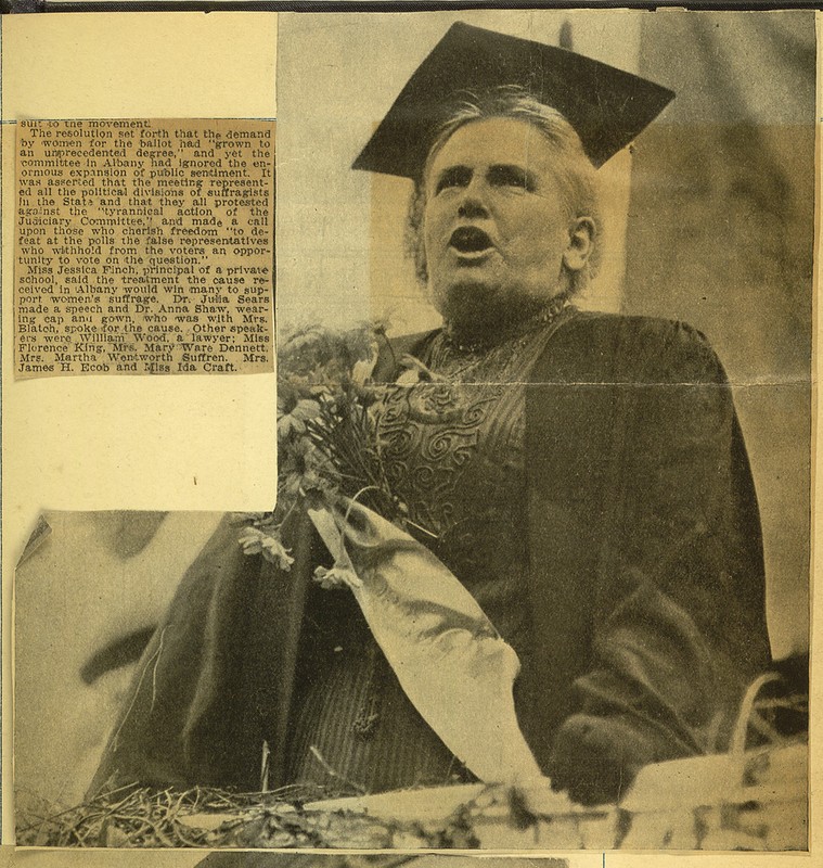 Anna Howard Shaw in 1910 addressing the crowd at a suffrage meeting in Union Square.
