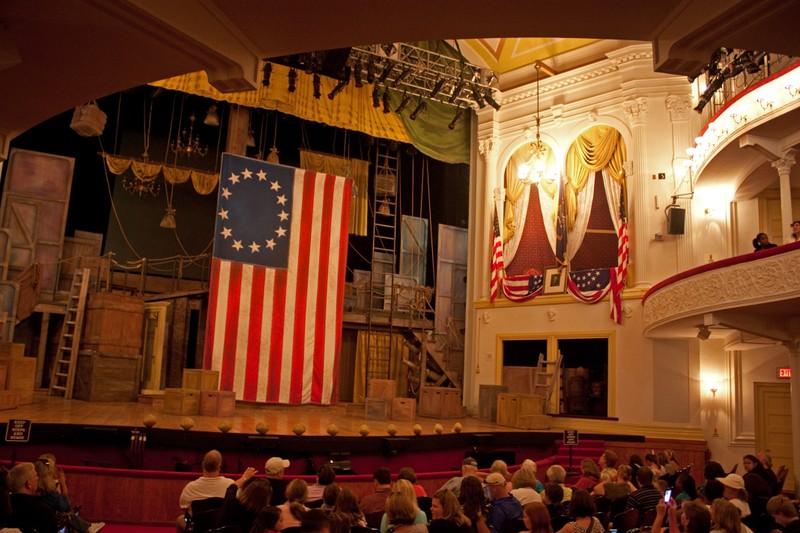 Interior of Ford's Theatre, Washington, D.C.  The presidential box is towards the right. Photo by Wknight94 talk. Licensed under CC BY-SA 3.0 via Wikimedia Commons.