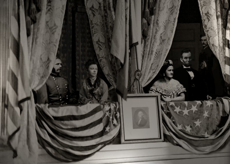 Depiction of the assassination of Abraham Lincoln. From left to right: Henry Rathbone, Clara Harris, Mary Todd Lincoln, Abraham Lincoln, and Booth. Image Licensed under CC BY-SA 1.0 via Wikipedia.