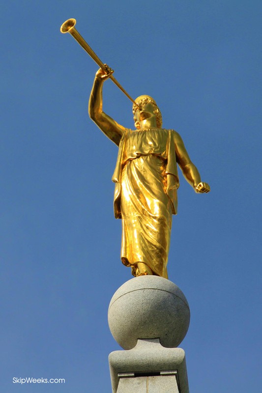 The statue of Moroni, the first of its kind, welcomes visitors into the city.