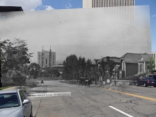 Superimposed photo of temple and Salt Lake City in 1887 over modern-day temple square