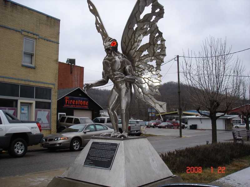 The stainless steel Mothman statue, located in Point Pleasant, West Virginia.